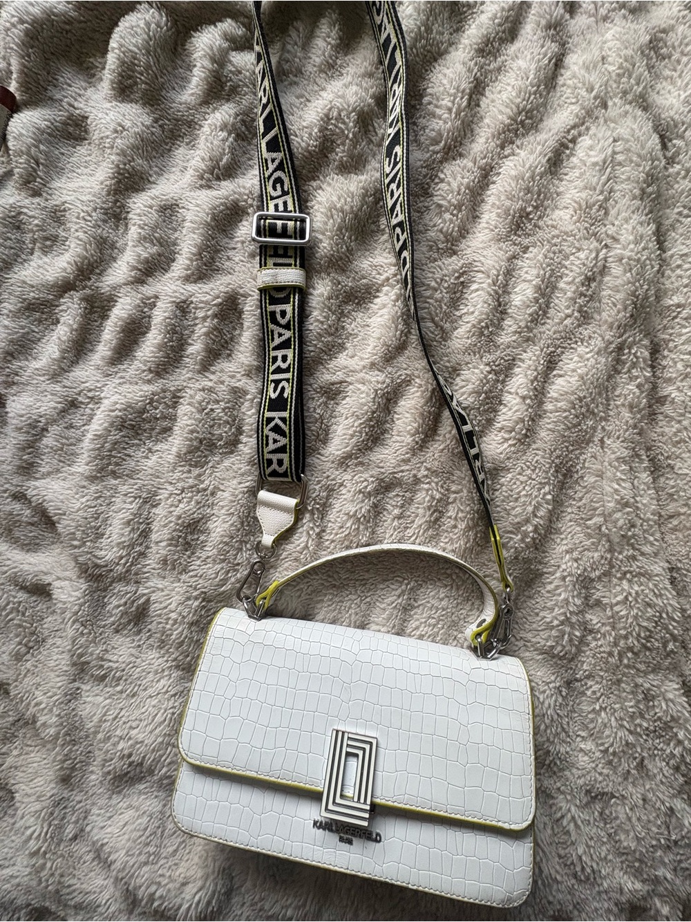 Karl Lagerfeld White Croc-Embossed Crossbody Bag with Branded Strap